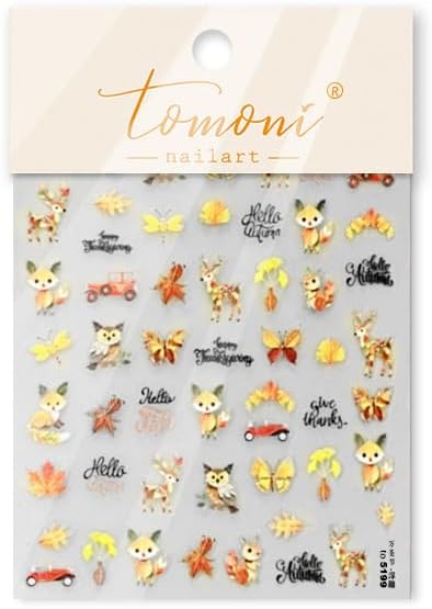 1 Sheet Animal Print Nail Art Stickers 5D Embossed Fox Nail Stickers 3D Self-Adhesive Squirrel Nail Decals Autumn Elk Owl Nail Designs Orange Maple Car Nail Art Decoration for Women Girls Manicure