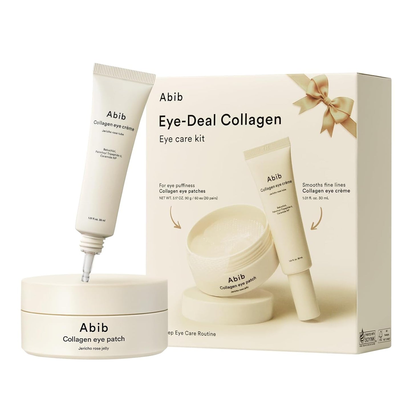 Abib Collagen Eye Patches 60 Patches, Korean Under Eye Patches for Puffy Eyes and Dark Circles, Anti-Wrinkle (Eye Care 2 Step Kit)