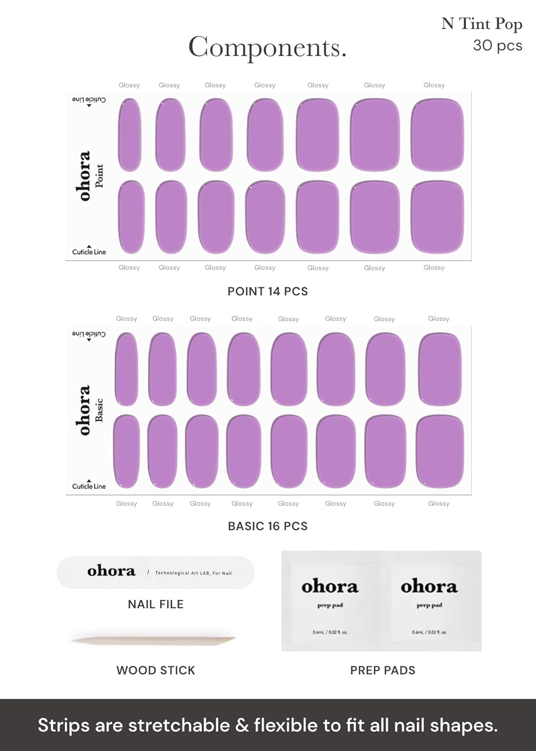 ohora Semi Cured Gel Nail Strips (N Tint Pop) - Purple, Tint, Works with Any UV/LED Lamps, Salon-Quality, Long Lasting, Easy to Apply & Remove - Includes 2 Prep Pads, Nail File & Wooden Stick