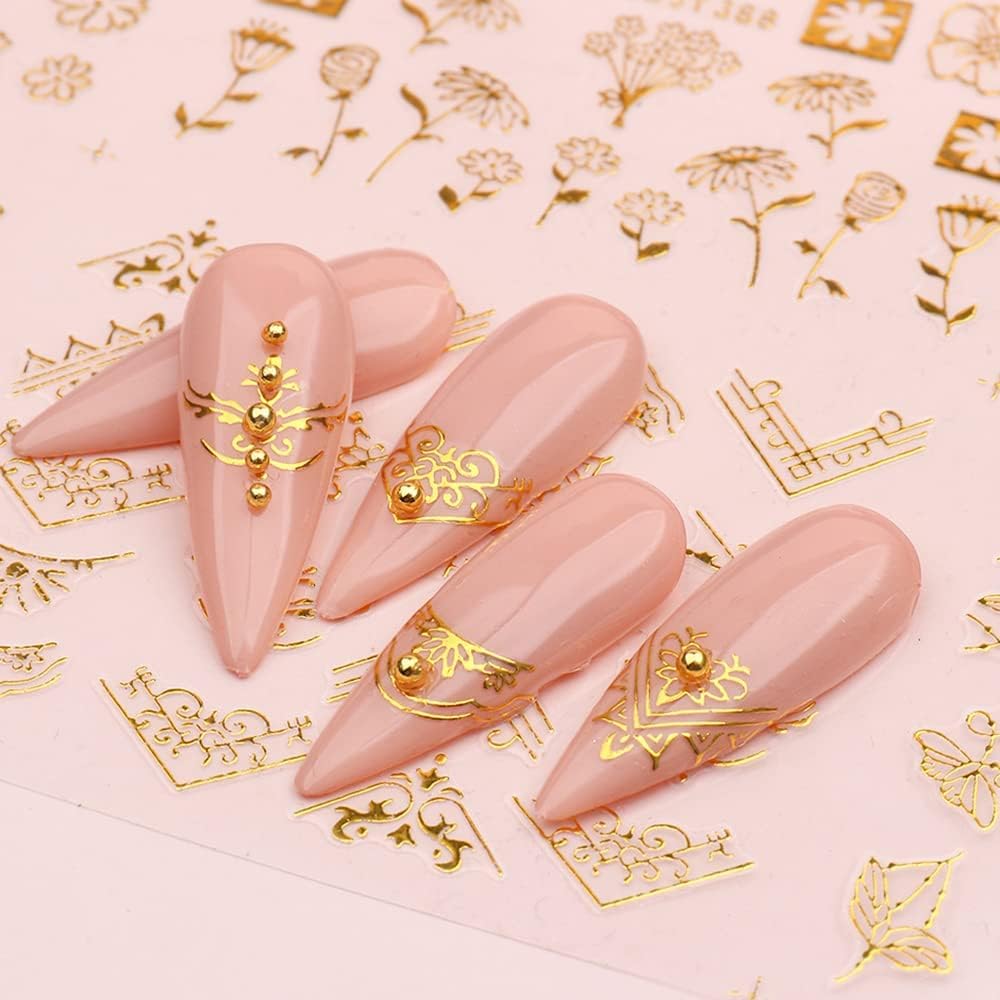 Flowers Nail Art Stickers Decal 3D Self-Adhesive Gold Flower Leaf Lace Nail Supplies Flower Nail Stickers Geometry Line Nail Designs for Women Girls Nail Art Decorations(Gold)