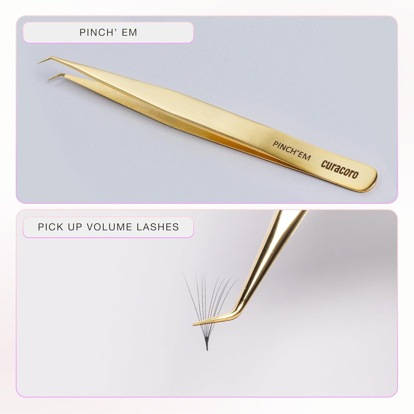 Curacoro Lash Tweezer - Professional & Precision Fiber Tip Grip Lash Tweezers for Eyelash Extensions, Multi Shapes & Purposes Tweezers for Volume, Isolation & Classic Lashes (Gold, Pinch'em)