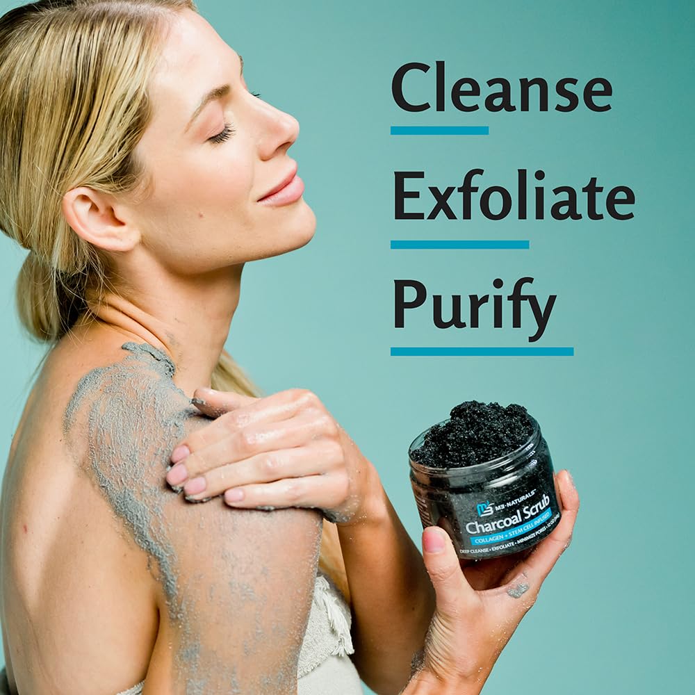 Exfoliating Charcoal Scrub with Collagen & Stem Cells – Salt Scrub for Body Toning, Cellulite, Armpit Detox, and Skin Smoothing for Face, Feet, and Body by M3 Naturals.