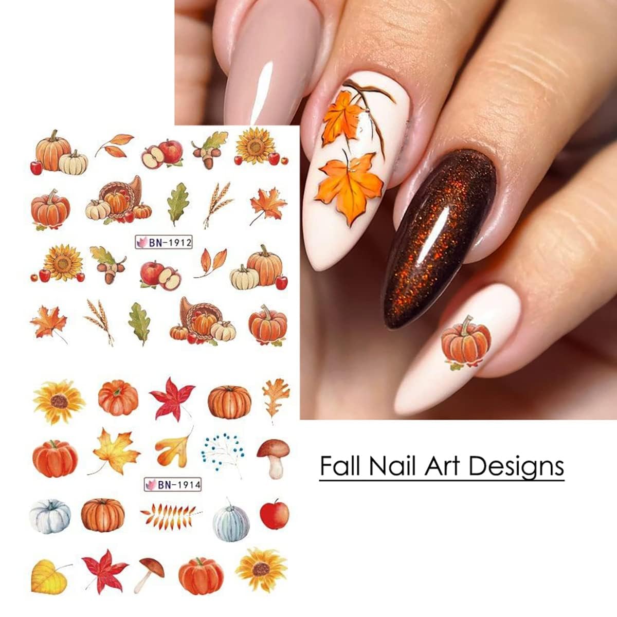 Fall Nail Art Stickers Maple Leaf Water Transfer Nail Decals Nail Supplies Autumn Maple Leaves Pumpkin Turkey Fox Design Watermark Nail Art Decorations Thanksgiving Day Stickers Manicure Tips 12Pcs