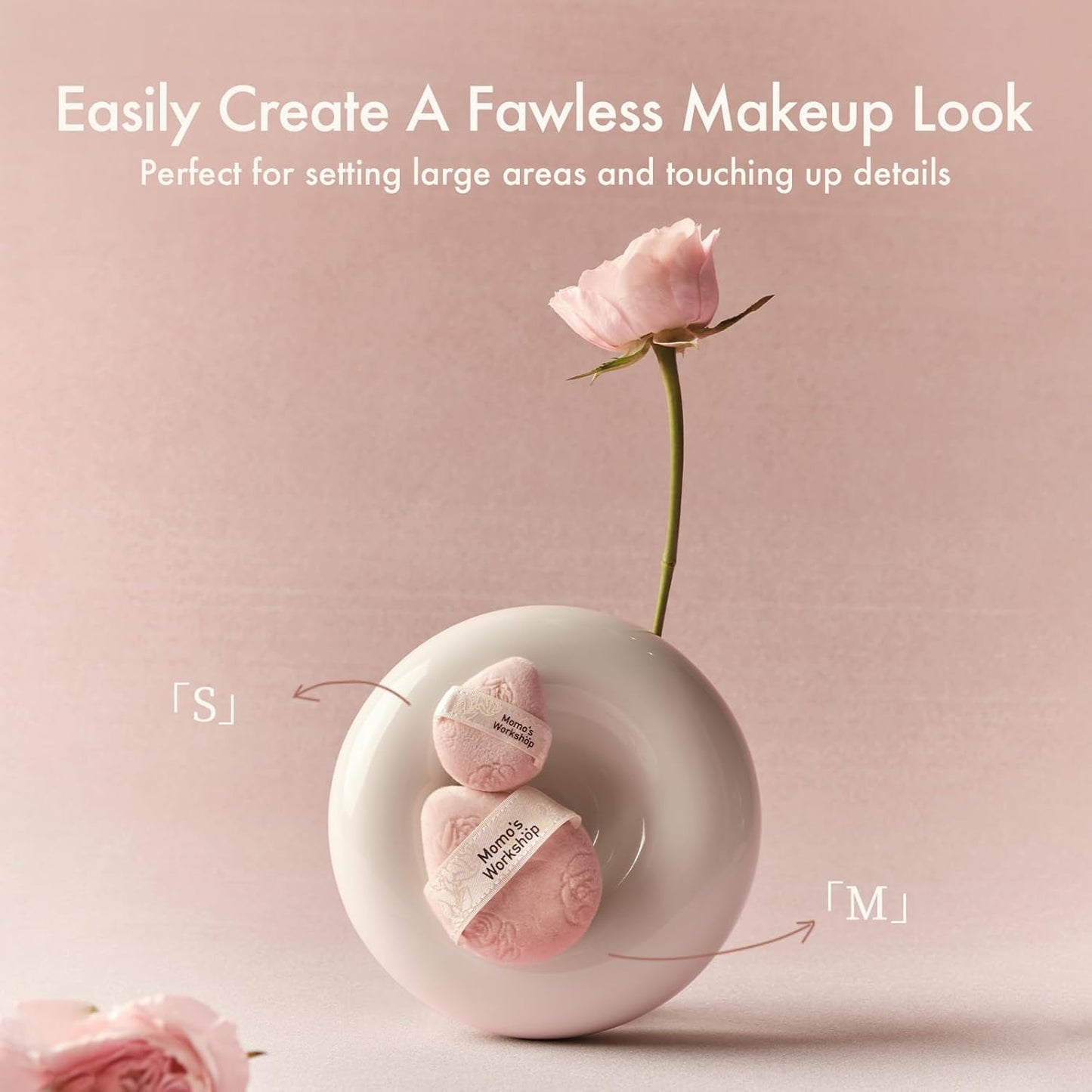 Pink Velvet Powder Puffs, Laser-Cut Rose Design, Dual-Sided, Travel Size & Wide M Size for Pressed Powder, Blush & Contour,5pcs Plush Puffs & Storage Case