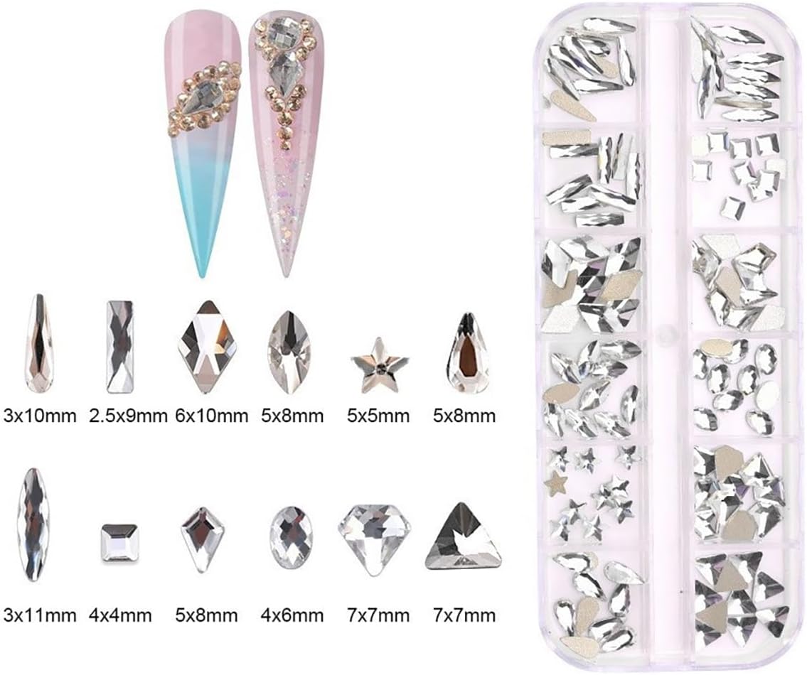 120pcs Flatback Rhinestones Glass Charms Diamantes Gems Stones for Nail Art Box Multi Shapes Crystal