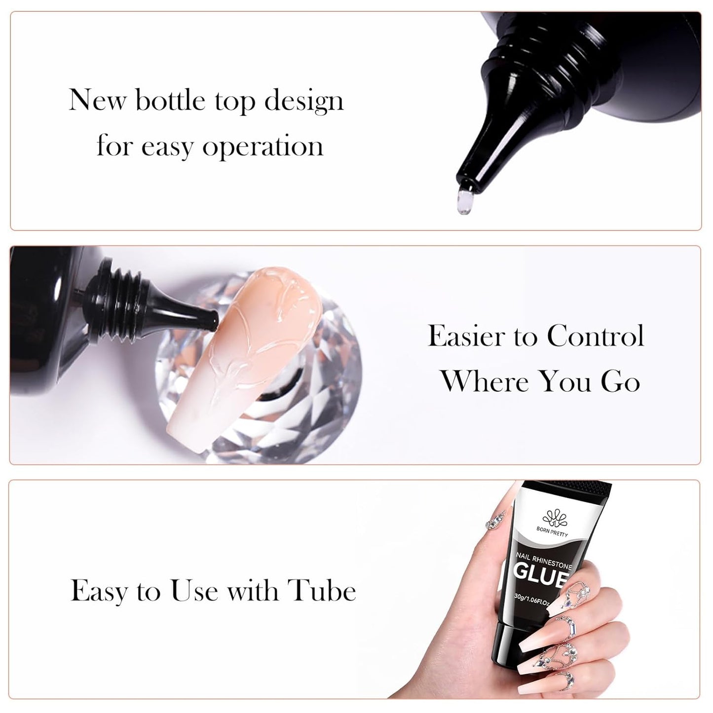 BORN PRETTY Nail Rhinestone Glue Gel for Nails Super Strong Gel Nail Glue for Nail Charm 3D Nails Gems Beads Nail Art Jewels Cured Need Nail Art DIY at Home 30ML
