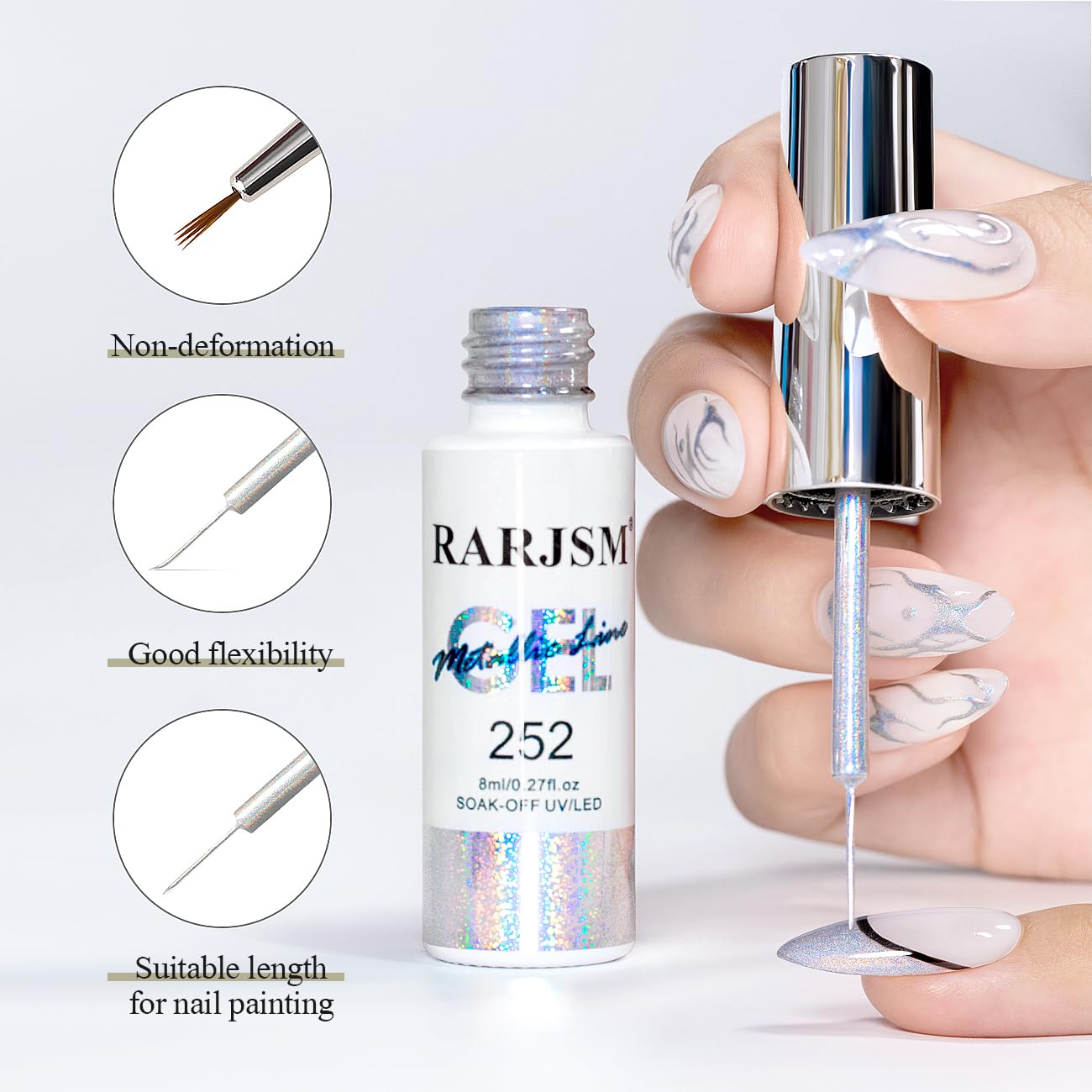 RARJSM Metallic Silver Nail Art Gel Liner Mirror Chrome 3D Holographic Laser Rainbow Effect Gel Nail Polish 8ml Build in Thin Brush Painted Drawing Striper Painting Curing Requires for Home Salon