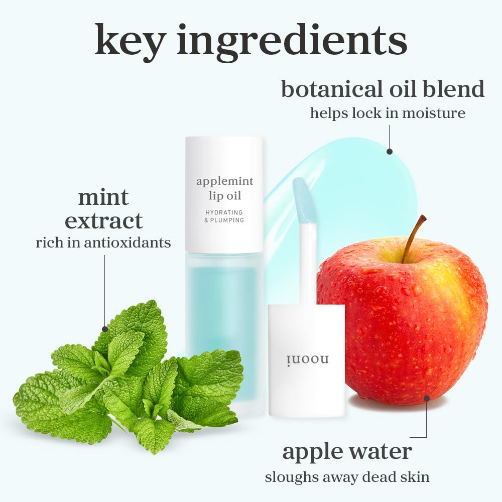NOONI Korean Lip Oil - Applemint | Long-Lasting, Moisturizing, Plumping, Revitalizing for Dry Lips, Waterproof, No Peel Off, Hydrating, Nourishing Crystal Clear, 0.12 FL Oz