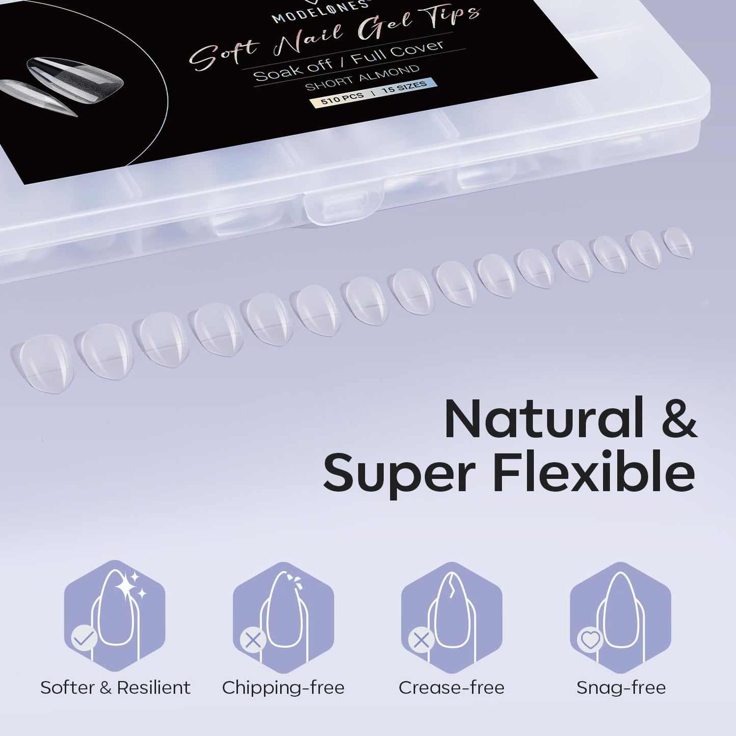 Modelones Short Almond Fake Nail Tips - 510Pcs Gel Tips Pre-shaped Half Matte Full Cover Clear Acrylic Gel Kit False Press on Nails for Extension DIY Salon 15Sizes