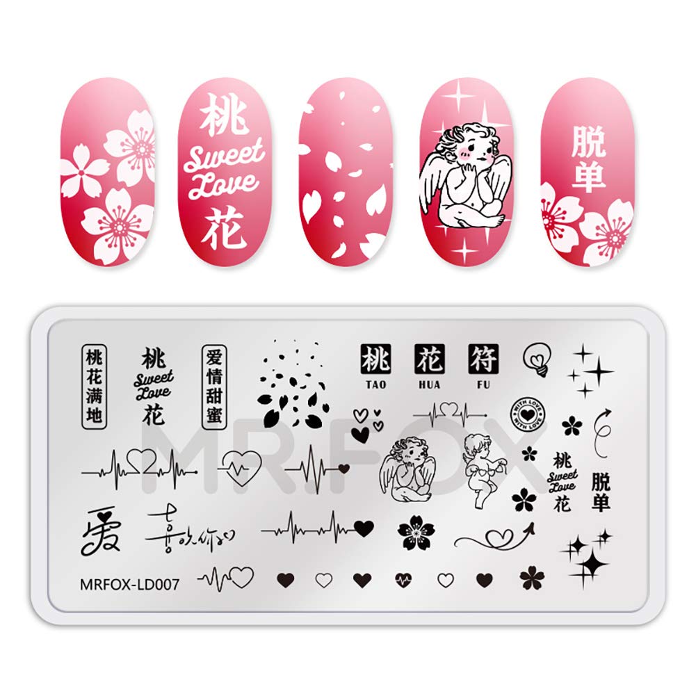 MR.FOX 5 Pcs Nail Print Board Set Valentine's Day Theme Various Hearts Cupid Electrocardiogram Nails Art Stamping Plate