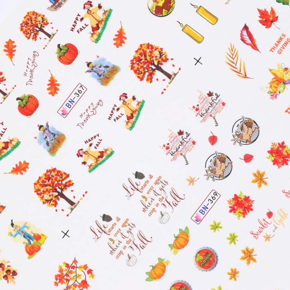 Fall Nail Stickers Autumn Maple Leaf Nail Art Decals Thanksgiving Day Water Decal Transfer Slider Set Turkey Pumpkin Nail Art Foil Stickers Nail Supplies Accessories Decoration Manicure Tips 12 Design