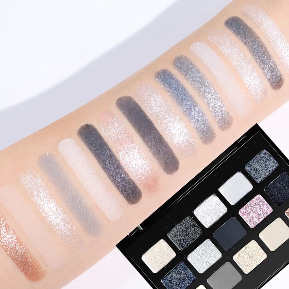 SUAKE 15 Colors Matte Shimmer Pearlescent Eyeshadow Palette for Eye Makeup,High Pigmented Smoky Dark Punk Metal Eye Shadow Primers Powder, Flashing sombras de ojos for Cosplay - Black Gold Blue Brown