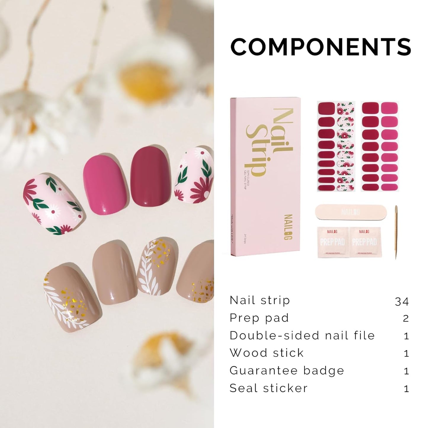 Semi Cured Gel Nail Strips - NAILOG 34 Pcs Floral Nail Stickers Long Wraps with Glossy Gel Finishing for Autumn, in The Meadow