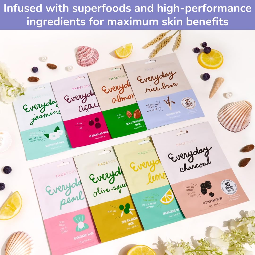 FACETORY K Beauty Face Mask Skin Care - EVERYDAY 8 COLLECTION Sheet Mask Set | Natural Premium Korean Face Mask For All Skin Types - No Sulfates No Parabens (8 pc)
