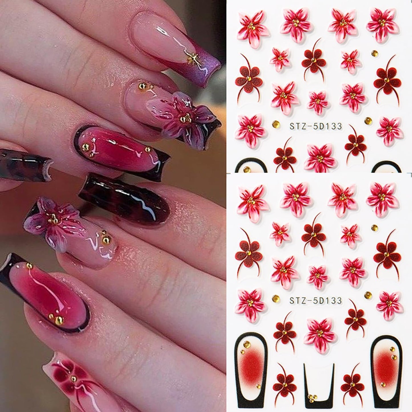 Flowers Nail Art Stickers Decals 5D Embossed Self-Adhesive Summer Flowers Nail Stickers French Tip Design Nail Decals Spring and Summer Flower Sticker for Women DIY Manicure Decoration Supplies