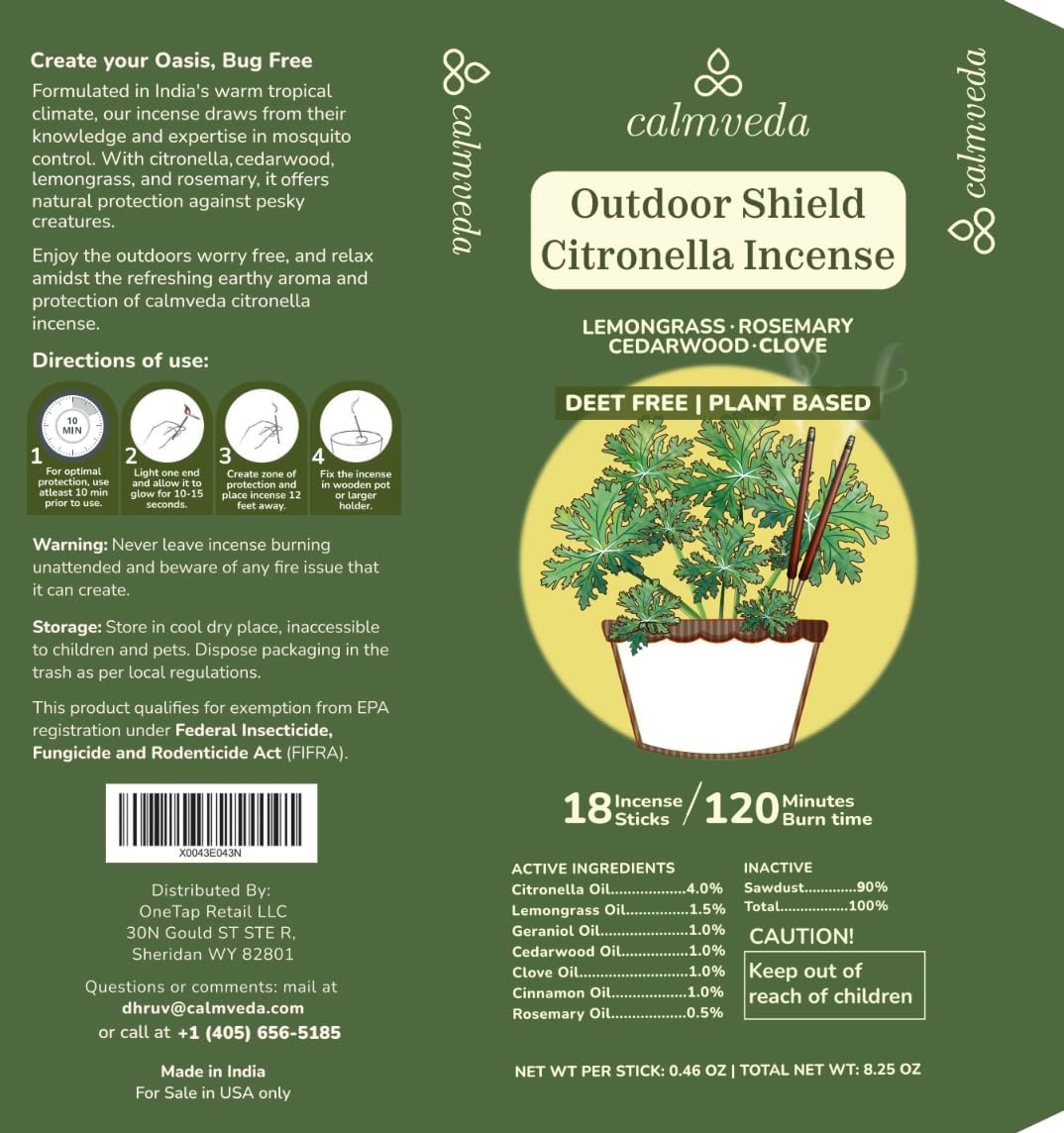 Natural Citronella Incense Sticks Outdoor - (18 Sticks, 40 hrs Protection) for Safety on Patio, Camping etc | DEET Free, Powered with Indian Neem & Essential Oils