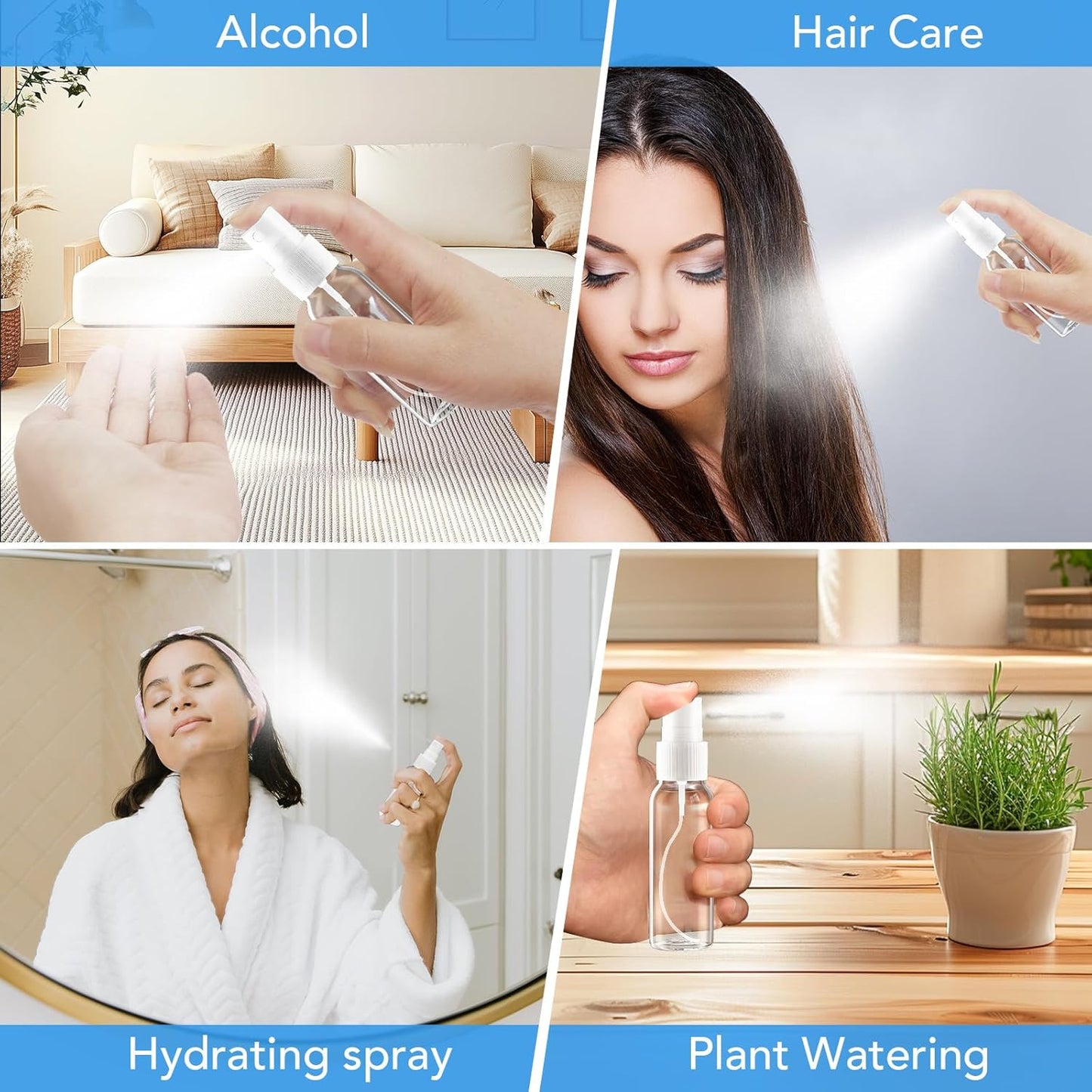 Spray Bottles, 2oz/50ml, 3.4oz/100ml Clear Empty Fine Mist Plastic Mini Travel Bottle Set, Small Refillable Liquid Containers with 2pcs Funnels and 24pcs Labels (4 Pack)