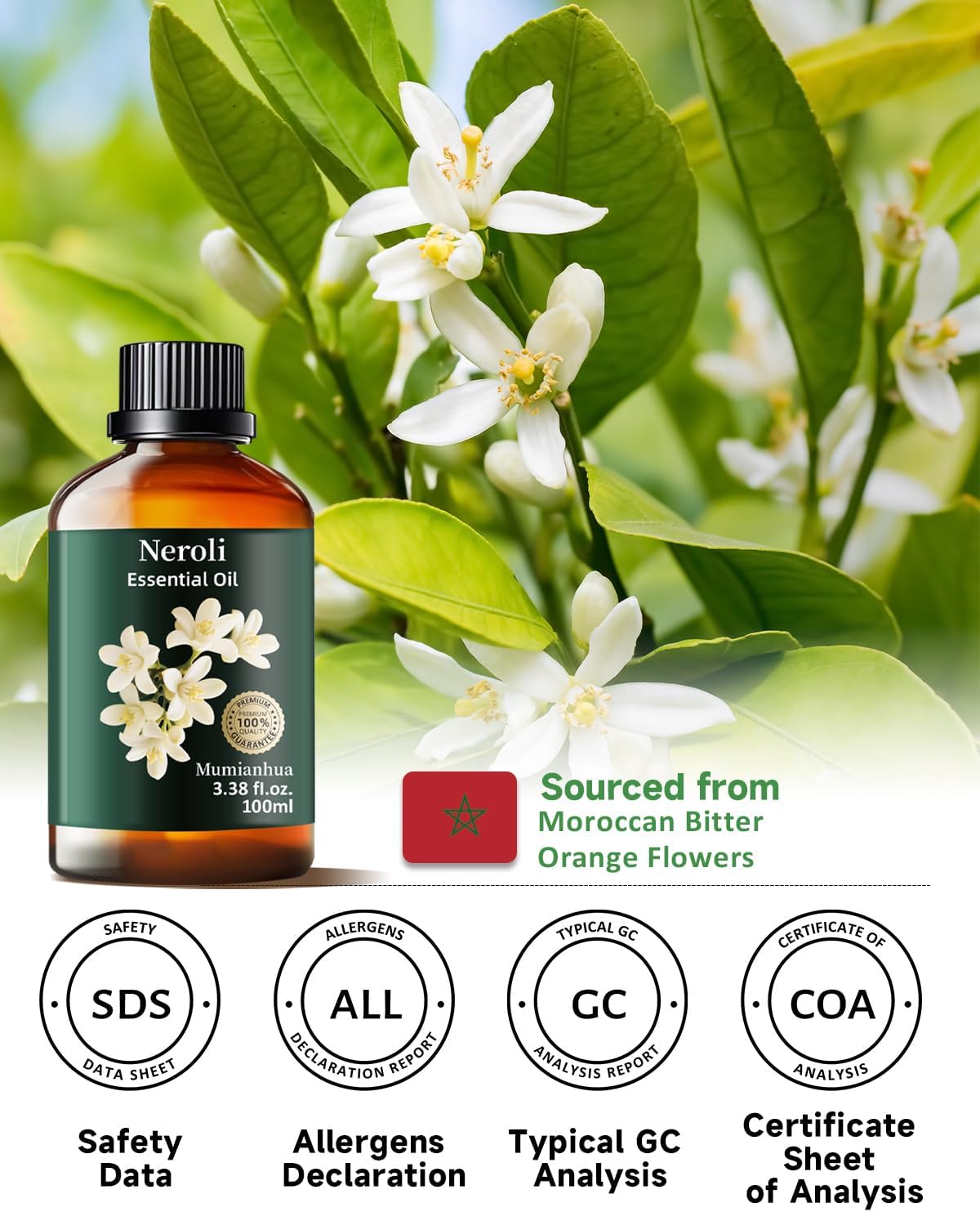 Mumianhua Neroli Essential Oil 100% Pure- Therapeutic Grade Orange Blossom Oil for Cleaning Sprays, Home Perfume & Women's Cologne | Citrus Floral for Diffuser, Candle & Soap Making 3.38 Fl Oz