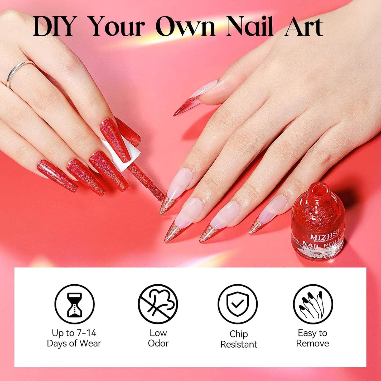 MIZHSE Holographic Nail Polish, Red Glitter Nail Polish Air Dry Fast, 15 ml 0.5 fl oz High Glossy Shiny Nail Pigment Oil-based Laser Iridescent Chrome Halo Nail Art Salon Manicure Home