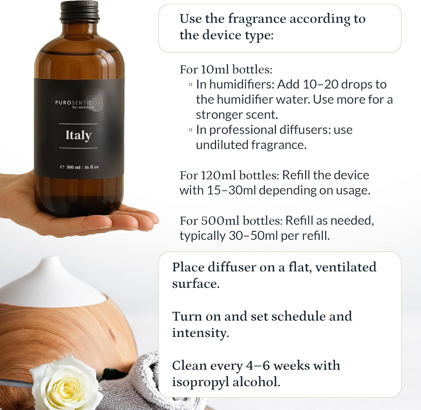 PuroSentido Italy Aroma Oil (10 ml) - Luxury Fragrance Oil for Diffusers and Humidifiers, Sicilian Lemon, White Rose & Musk Home, Hotel & Spa Scent