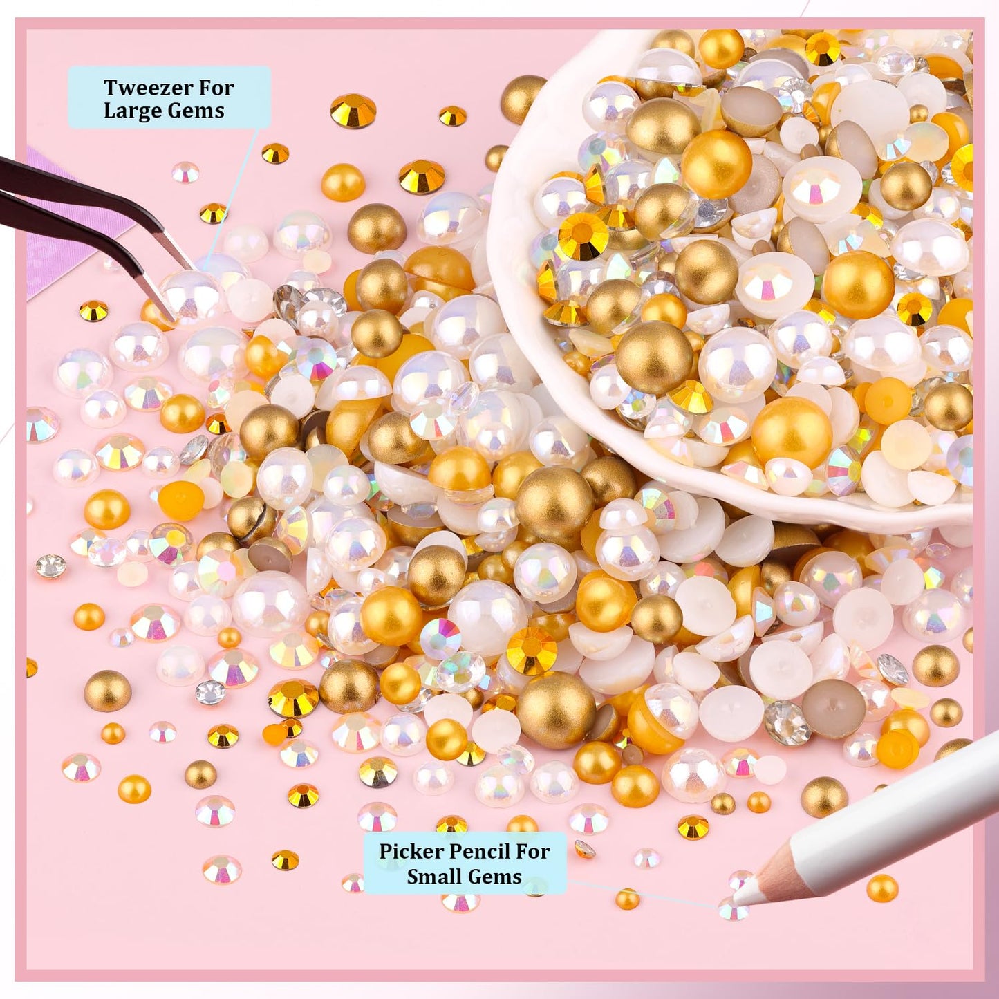 9000Pcs Flatback Pearls and Rhinestones for Crafting, White Brown Mixed Size 3-8mm Resin Rhinestones and Half Pearls for Bedazzling, Nail Art and Decoration with 3pcs B7000 Jewelry Glue