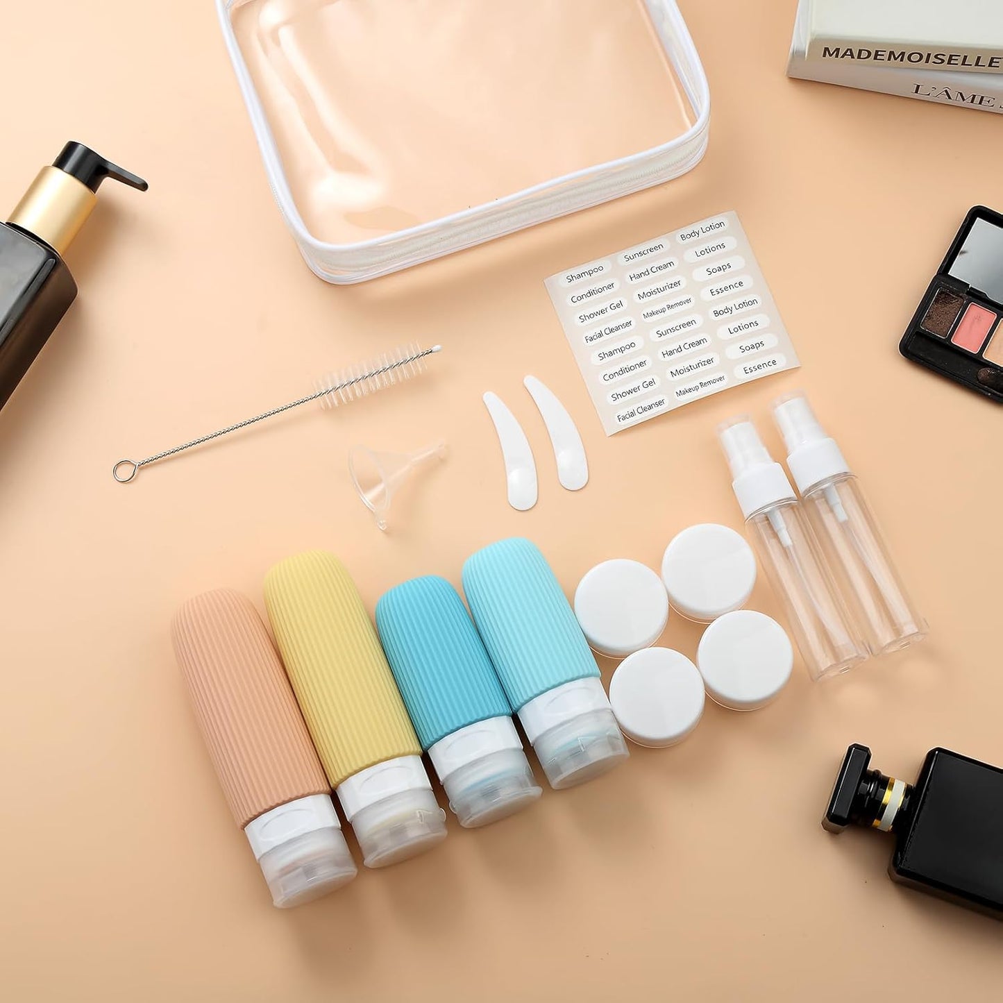 16 Pack Travel Bottles Set, TSA Approved Leak Proof Silicone Squeezable Containers for Toiletries, Refillable Travel Accessories for Conditioner, Shampoo, Lotion & Body Wash Accessories