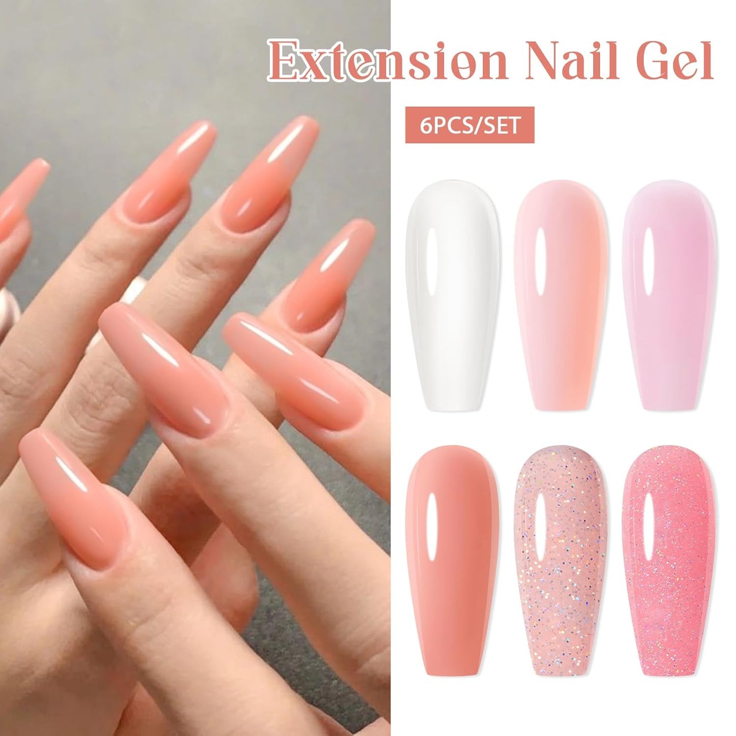 MEET ACROSS Poly Extension Gel Kit - 6 Colors All Season Nude Glitter Pink Sheer Poly Nail Gel Kit Strong Builder for Nail Art Extension Builder Gel Home Nail Salon Gift for Women