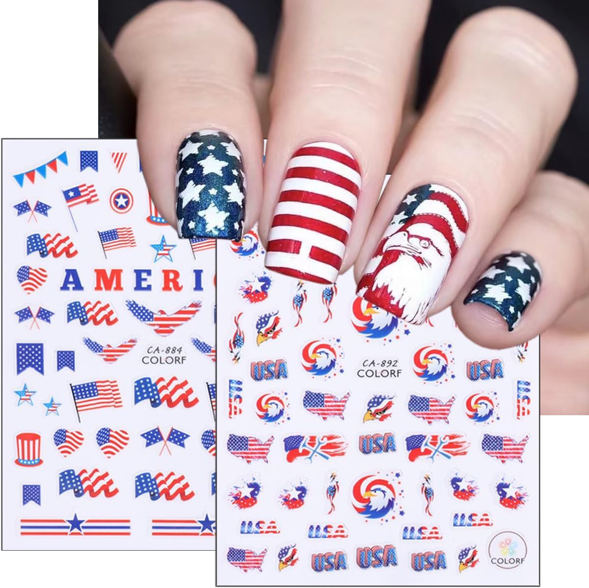 8Pcs Multicolor USA Flag Patriotic Nail Stickers, Self-Adhesive, Paper, Rectangular, 2x3 Inches, Single Use, Outdoor, Nail Art