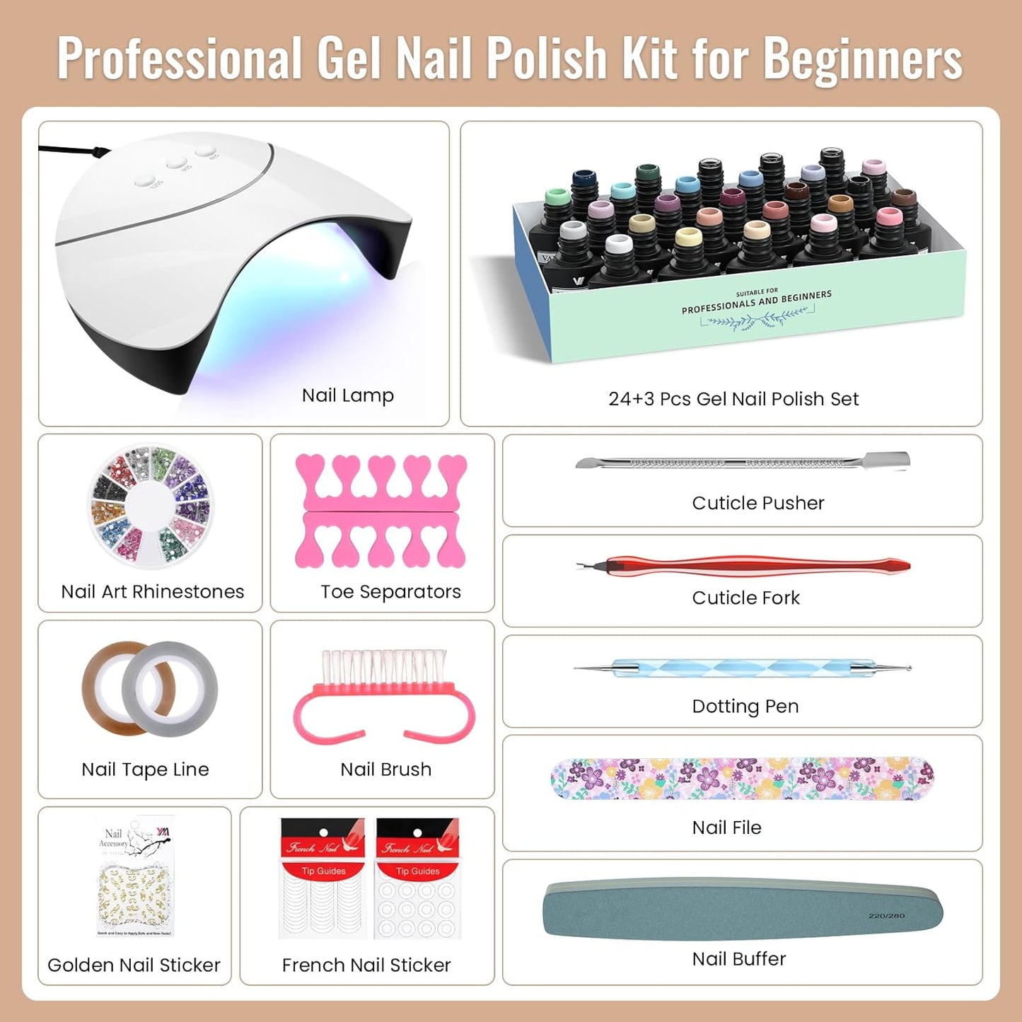 VANREESA 24 Colors Gel Nail Polish Kit with U V Light 42 Pcs Gel Polish Nail Kit Glossy & Matte Top Coat Complete Nail Kit with Manicure Tools Gifts for Women