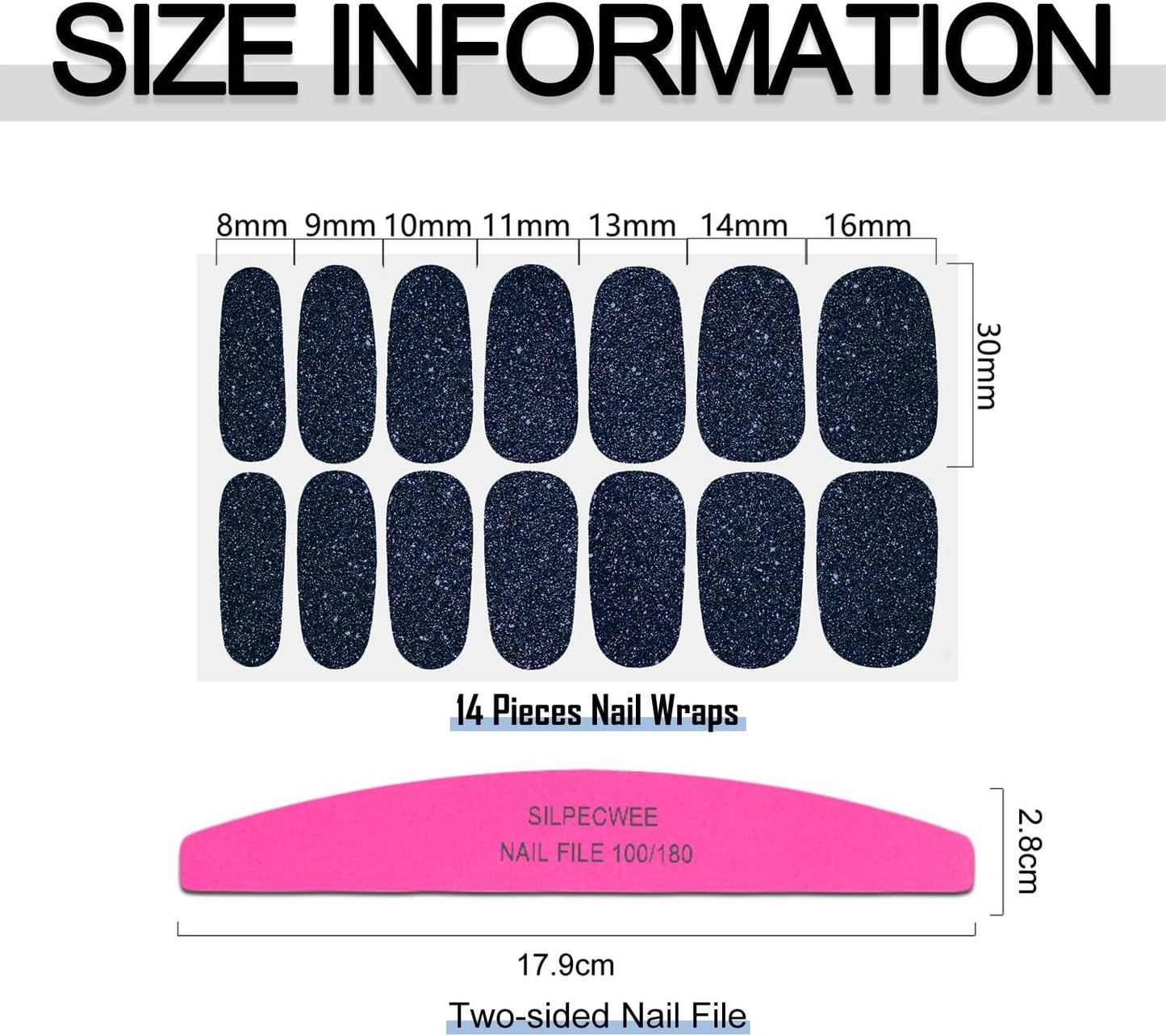 SILPECWEE 16 Sheets Blue Nail Wraps for Women Glitter Solid Color Nail Polish Stickers Stick on Nail Polish Strips Gel Nail Strips Self Adhesive Fingernail Manicure Design with Nail File