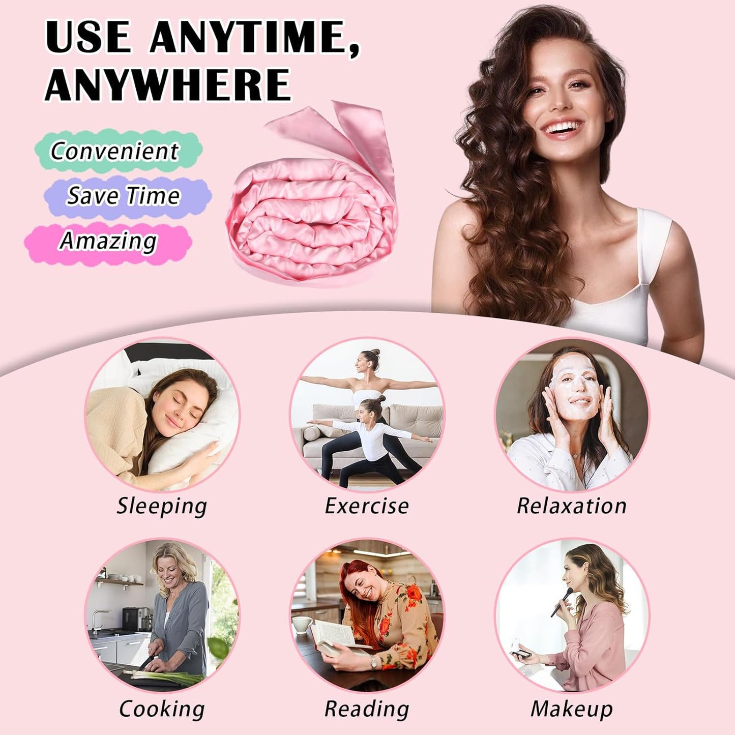 Satin Heatless Curls Overnight Hair Curlers to Sleep In Hair Curler Rollers No Heat Hair Wrap for Curls Headband, 70" Satin Heatless Curling Rod Set for Women Long Waves Hair Volume-Pink 10PCS