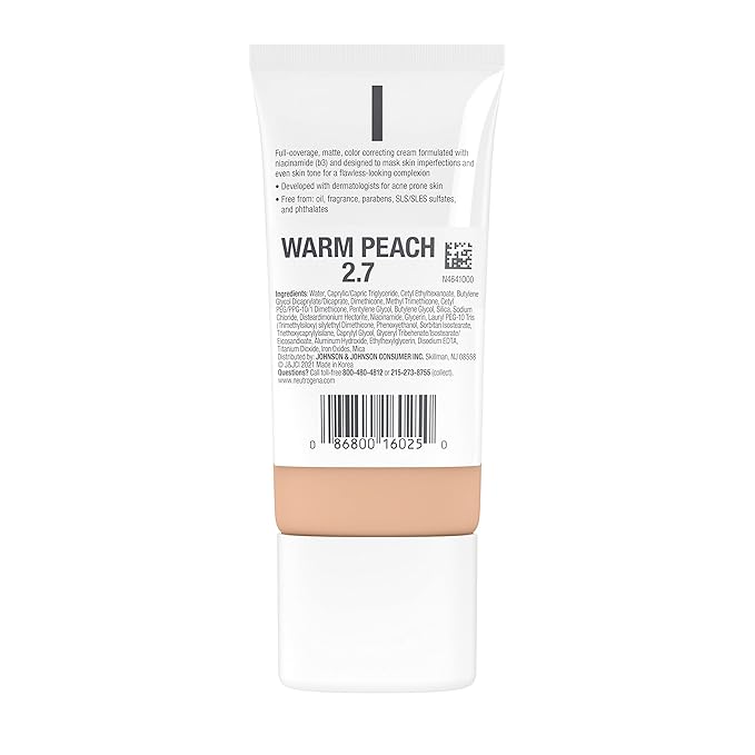 Neutrogena Clear Coverage Flawless Matte CC Cream, Full-Coverage Color Correcting Cream Face Makeup with Niacinamide (b3), Hypoallergenic, Oil Free & -Fragrance Free, Warm Peach, 1 oz