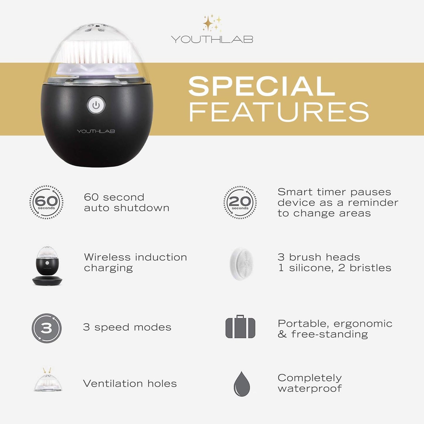 Pure Radiance, Vibrating Facial Cleansing Brush, Electric, 3 Modes, 3 Brush Heads (2 Bristle,1 Silicone), Waterproof, Rechargeable, Smart Timer, Exfoliating, Massage (Black)