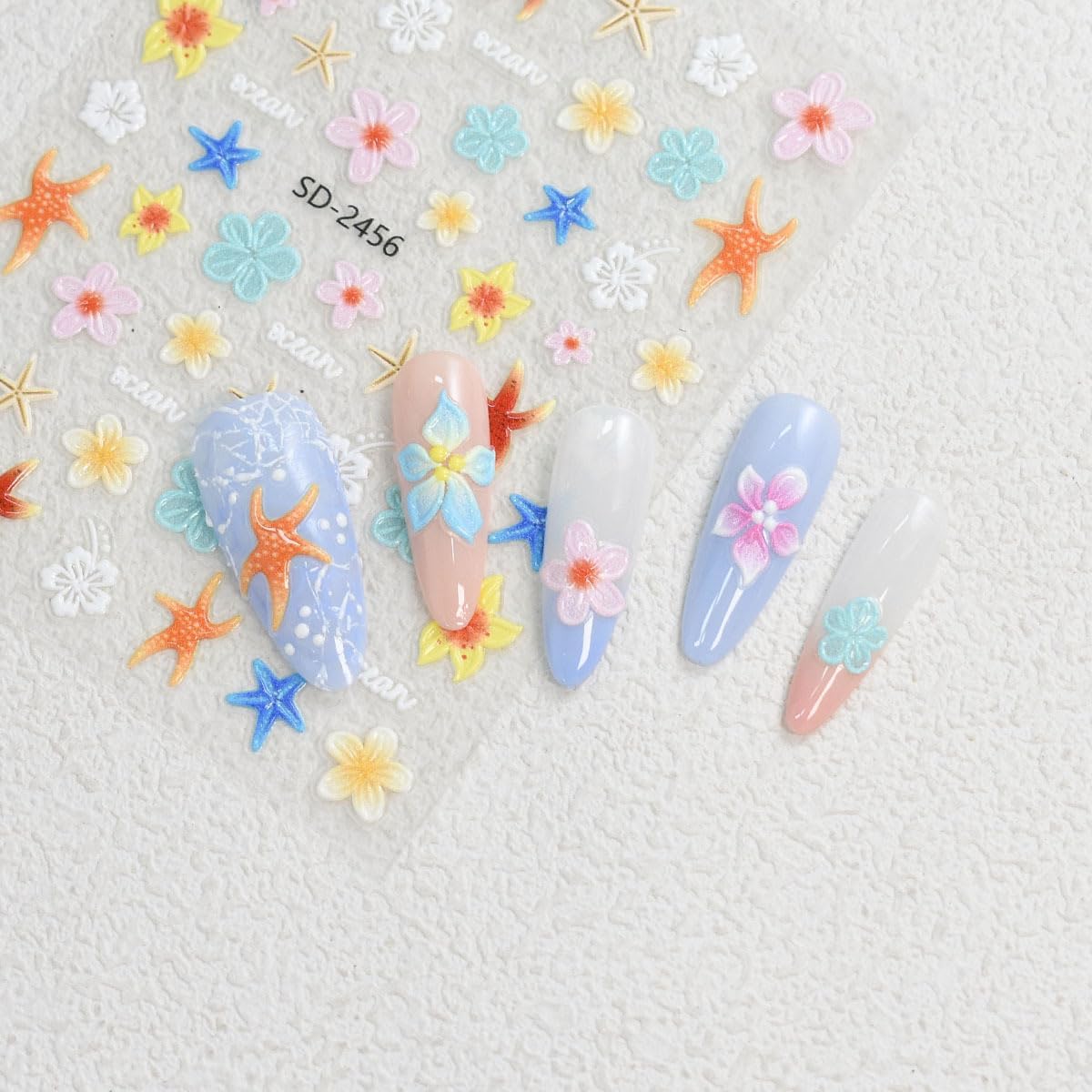 3 Sheets 5D Embossed Flower Nail Art Stickers Self Adhesive Summer Nail Decals Beach Starfish Nail Stickers Hawaii Nail Design Sticker Colour Flower Nail Art Supplies for DIY Decoration Supplies