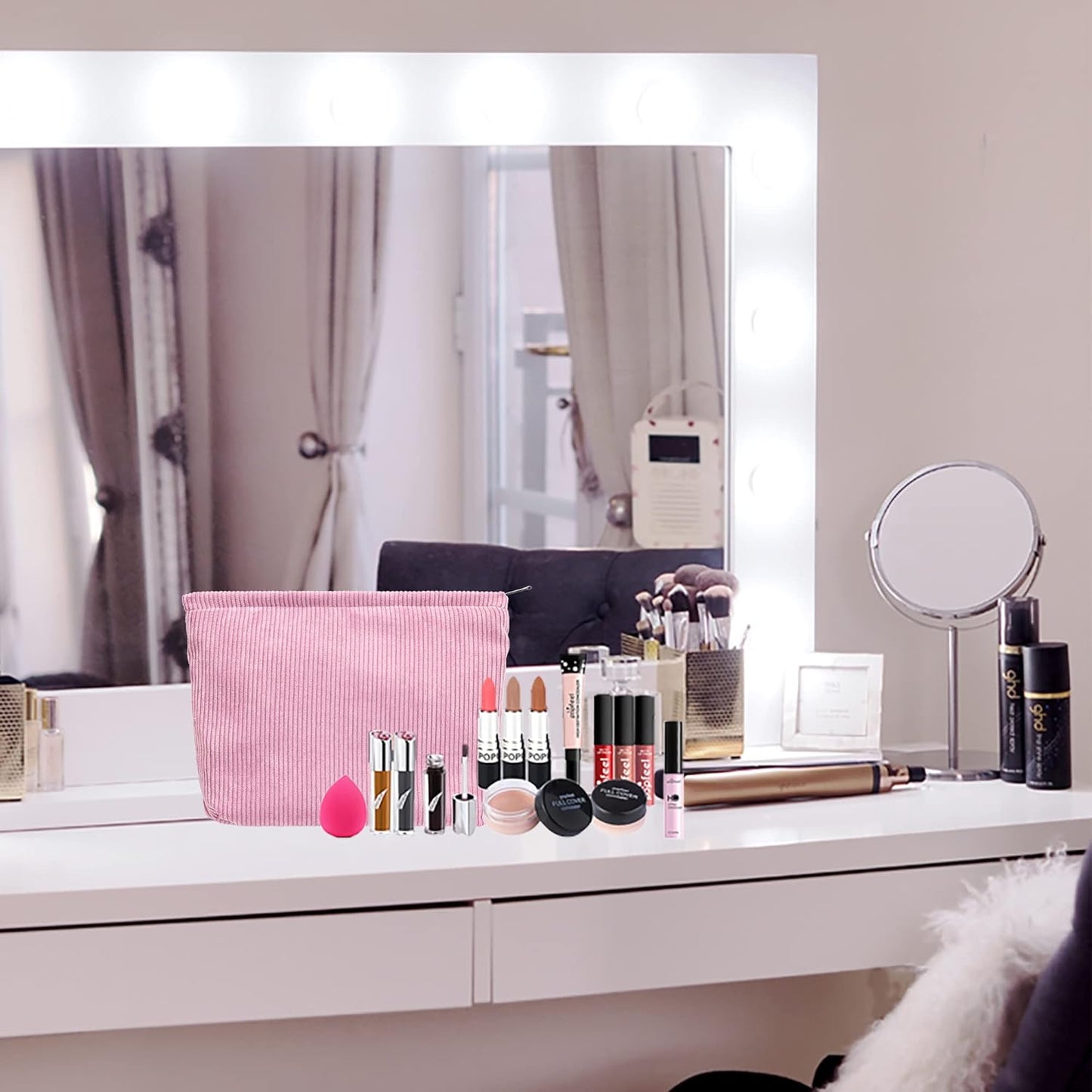 PAZIMIIK Makeup Bag Large Zipper Corduroy Make Up Pouch for Purse Travel Canvas Cosmetic Organizer for Women Brush Storage,Pink