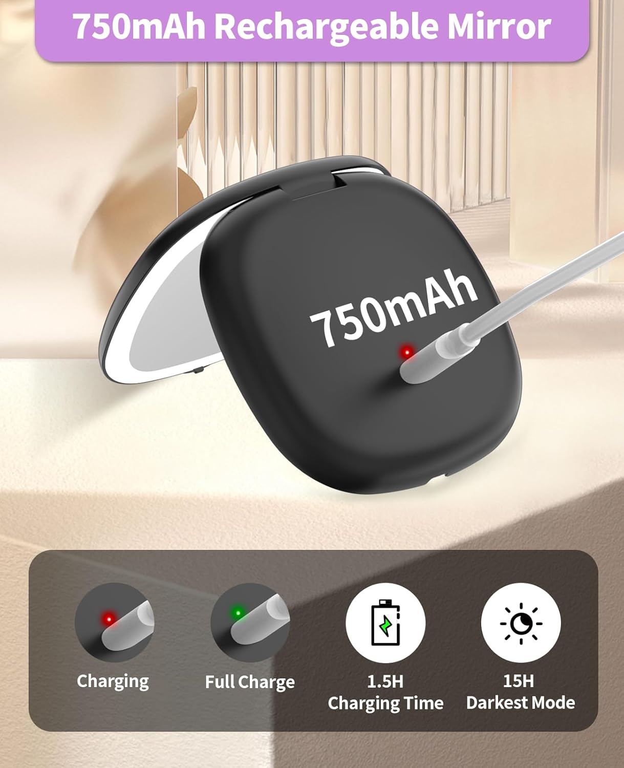 WOBSION Rechargeable Lighted Travel Makeup Mirror,1x/10x Compact Magnifying Mirror with Lights,Portable for Bag,4inch,Gift,Black