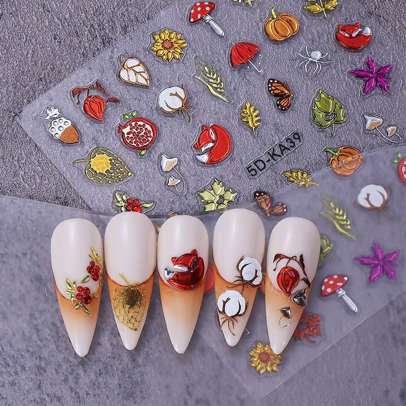Fall Nails Stickers Autumn Leaves Nails Sticker 5D Embossed Maple Leaves Pumpkins Self Adhesive Sticker Nail Decals Colorful Thanksgiving Nail Art Decal Fall Decals for Nail DIY Manicure 1Sheet