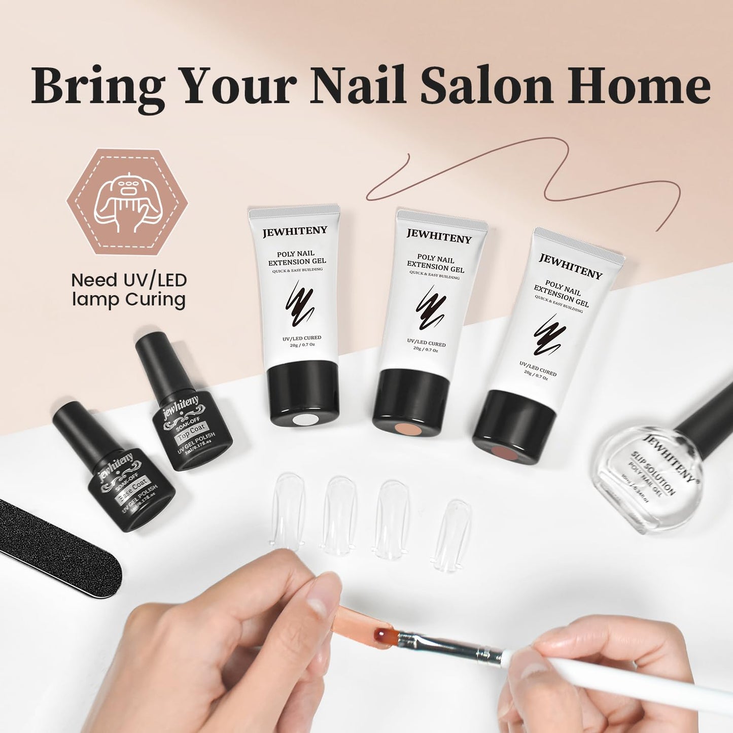 JEWHITENY Poly Nail Gel Set Clear Nude Brown Neutral Classic Color Base and Top Coat Slip Solution Poly Extension Gel With Acrylic Nail Builder Need U V Lamp Curing
