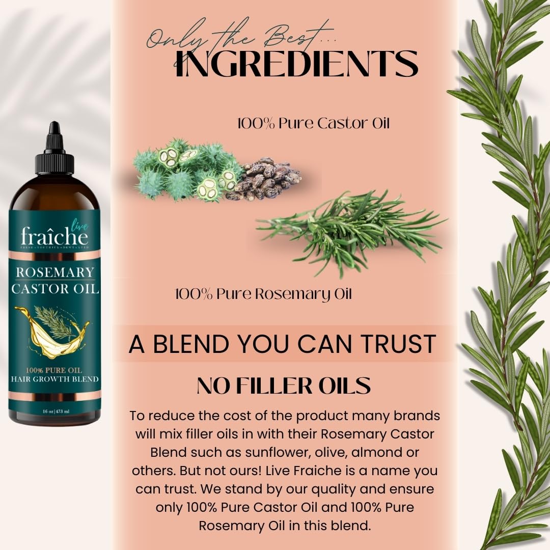 Live Fraiche Rosemary Castor Oil for Hair Growth 16oz - Rosemary Oil for Hair Growth and Thickening Pure Blend to Reduce Loss and Promote a Healthy Scalp