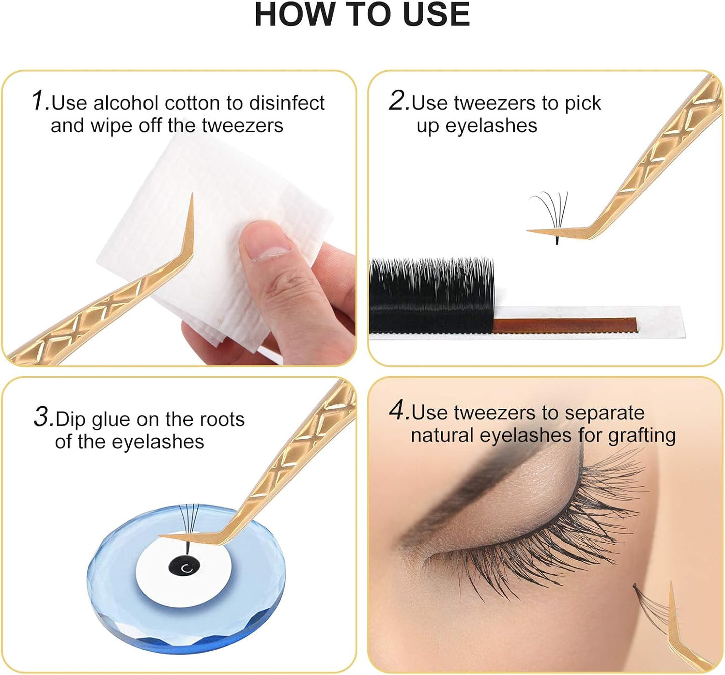 FEITA Eyelash Extension Tweezer Set Gold Lash Applicator Tool - Precision Lashes Diamond Grip Tweezers for 2D-6D Volume & Individual Eyelashes Extensions Supplies (6Pcs)