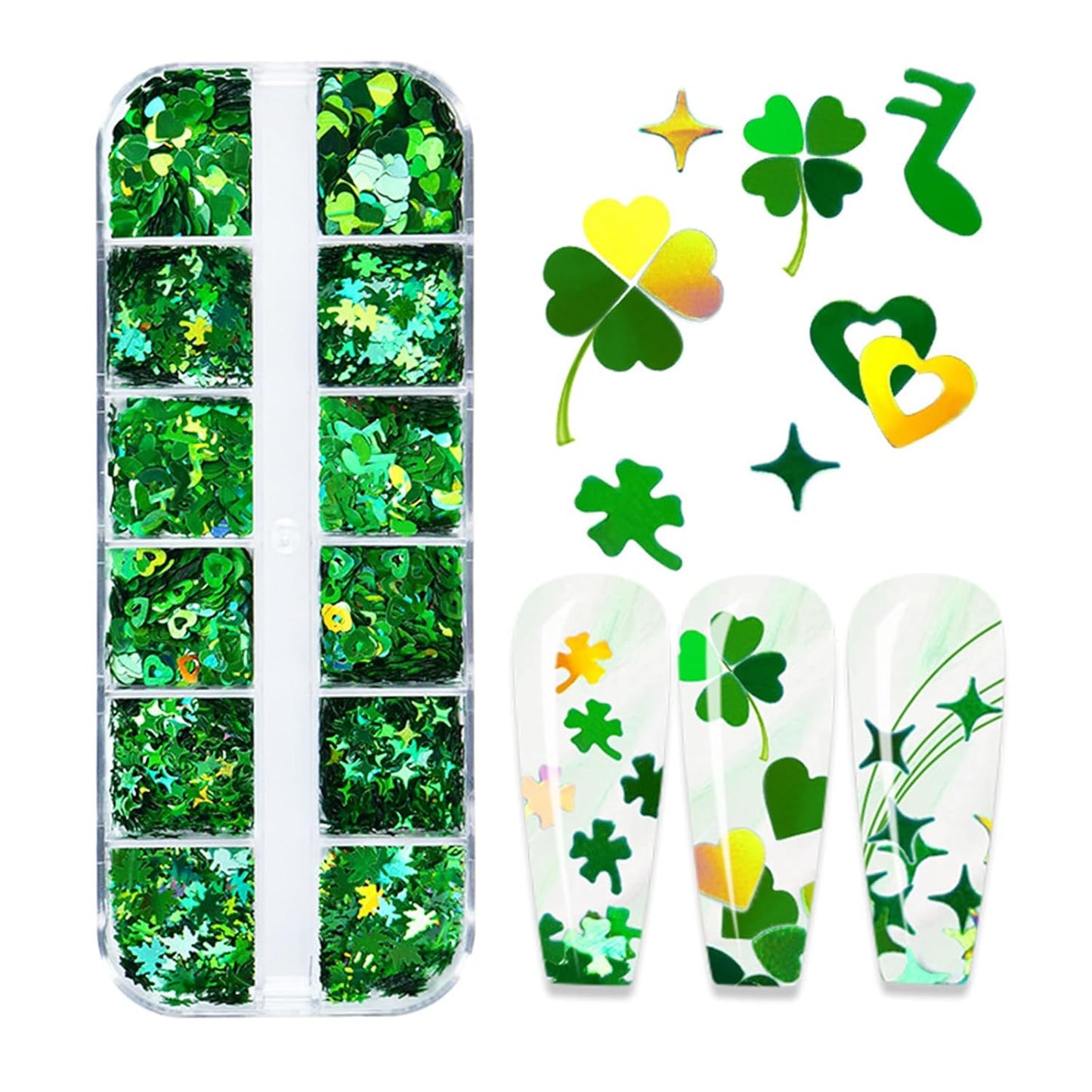 St.Patrick's Day Nail Art Glitter Sequins 3D Holographic Laser Green Hearts Stars Leaves Clovers Musical Nail Acrylic Stickers Spring Shiny Flakes Nail Supplies for Women Girls Nail Decoration 12Grids