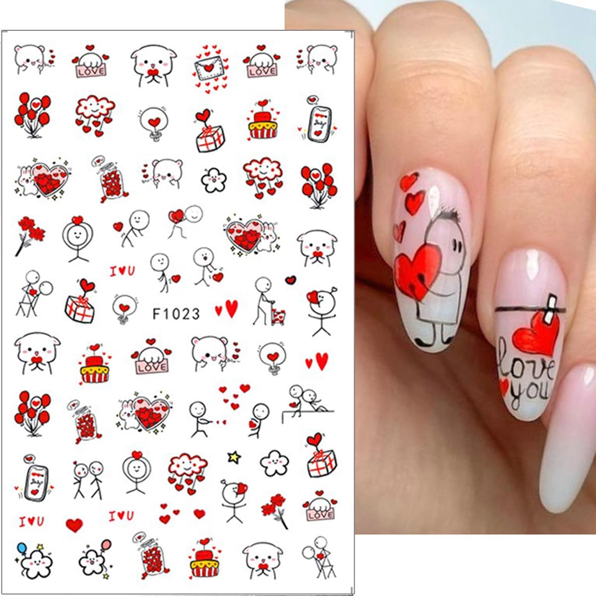 10 Sheets Valentine's Day Nail Art Stickers 3D Self-Adhesive Heart Nail Decals Red Pink Rose Lips Gnome Design Nail Sticker Cute Cartoon Valentines Nail Art Supplies for Women Manicure Decoration DIY