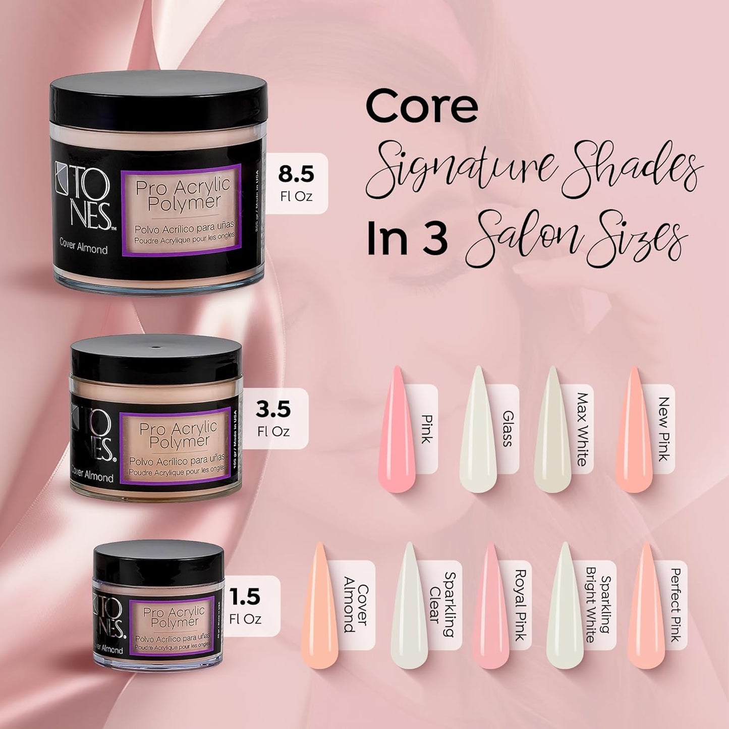 Tones Pro Acrylic Nail Powder, Cover Almond (Soft Nude Beige), (8.5 Fl Oz) - Long-Lasting & Non-Yellowing Polymer for Salon Quality Nail Extensions & 3D Art