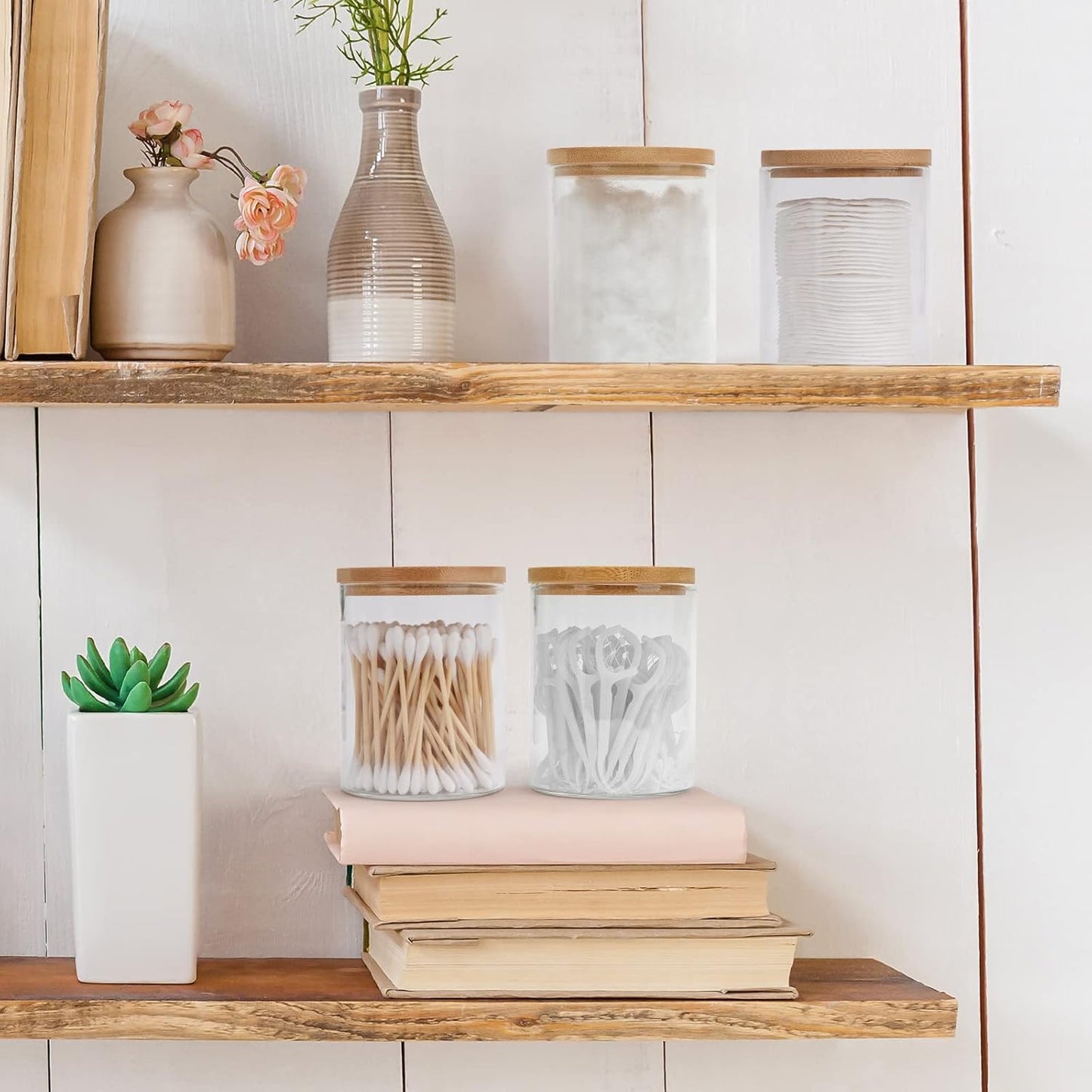 4 Pack Glass Qtip Holder Dispenser Set - Apothecary Jars with Lids for Vanity Makeup Organizer - Bathroom Canister Storage Organizer for Cotton Ball,Swab,Round Pads,Floss