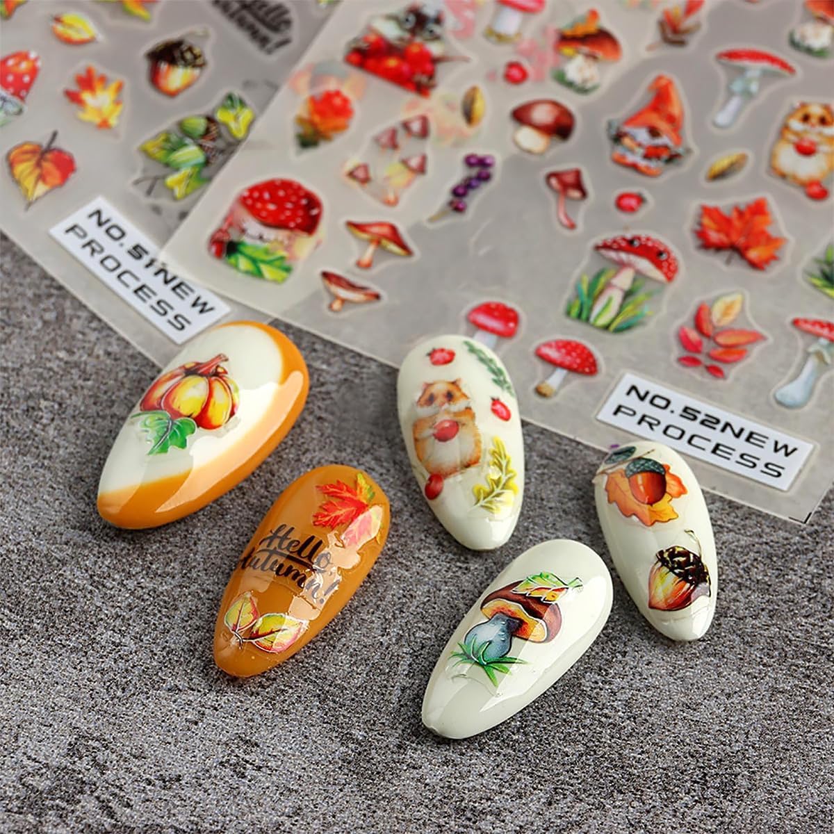 6 Sheets Fall Nail Art Stickers 3D Maple Leaf Nail Decals Autumn Gold Yellow Leaves Mushroom Squirrel Self-Adhesive Nail Designs Thanksgiving Nail Stickers for Women Girls Acrylic Manicure DIY Decor