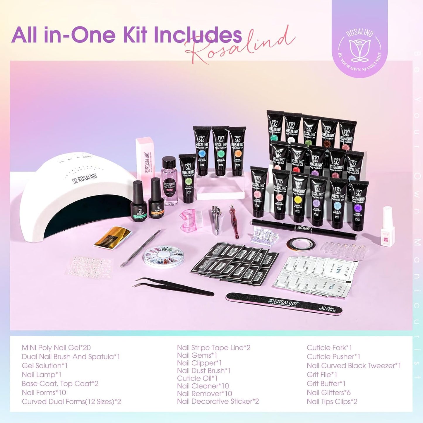 ROSALIND 20 PCS Colors Poly Nail Gel Kit -Neon Poly Nails Gel Kit Starter Kit - Slip Solution Pro Nude Pink Nail Extensions Gel Set With UV Lamp Drill Nail Art Builder Kit