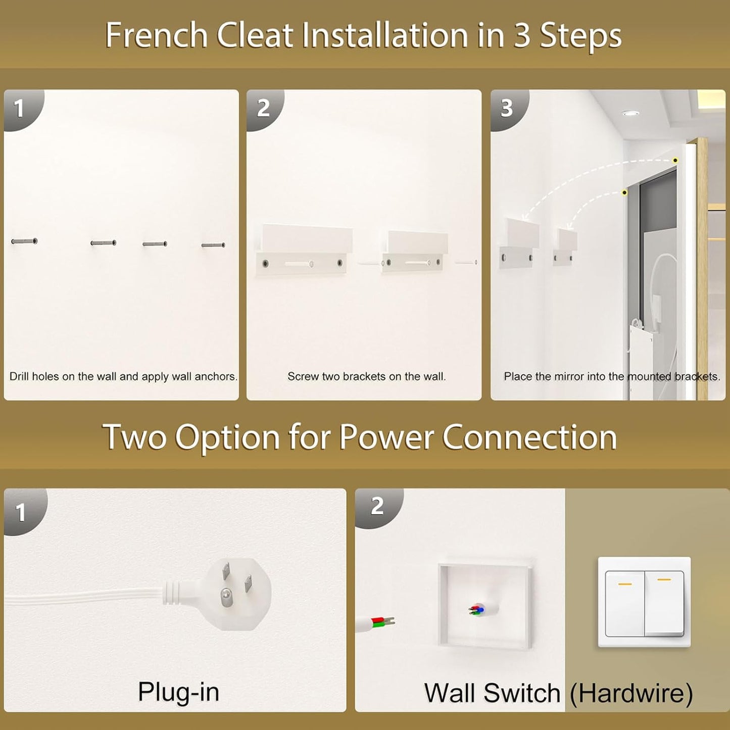 OKPAL 60x28 LED Bathroom Mirror Gold Metal Framed Front Light & Backlit, Lighted Vanity Mirror, Anti-Fog, Dimmable, 3 Colors, Shatterproof, ETL Listed, Horizontal/Vertical