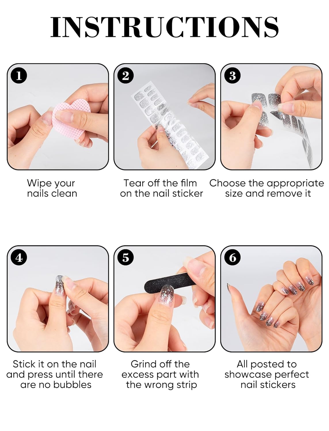 48 Pcs UV-Free Semi Cured Gel Nail Stickers for Women, No UV Light Needed Press on Self-Adhesive Nail Polish Strips Kit with Nail File Glitter Nail Art Wraps (Black)(Black)