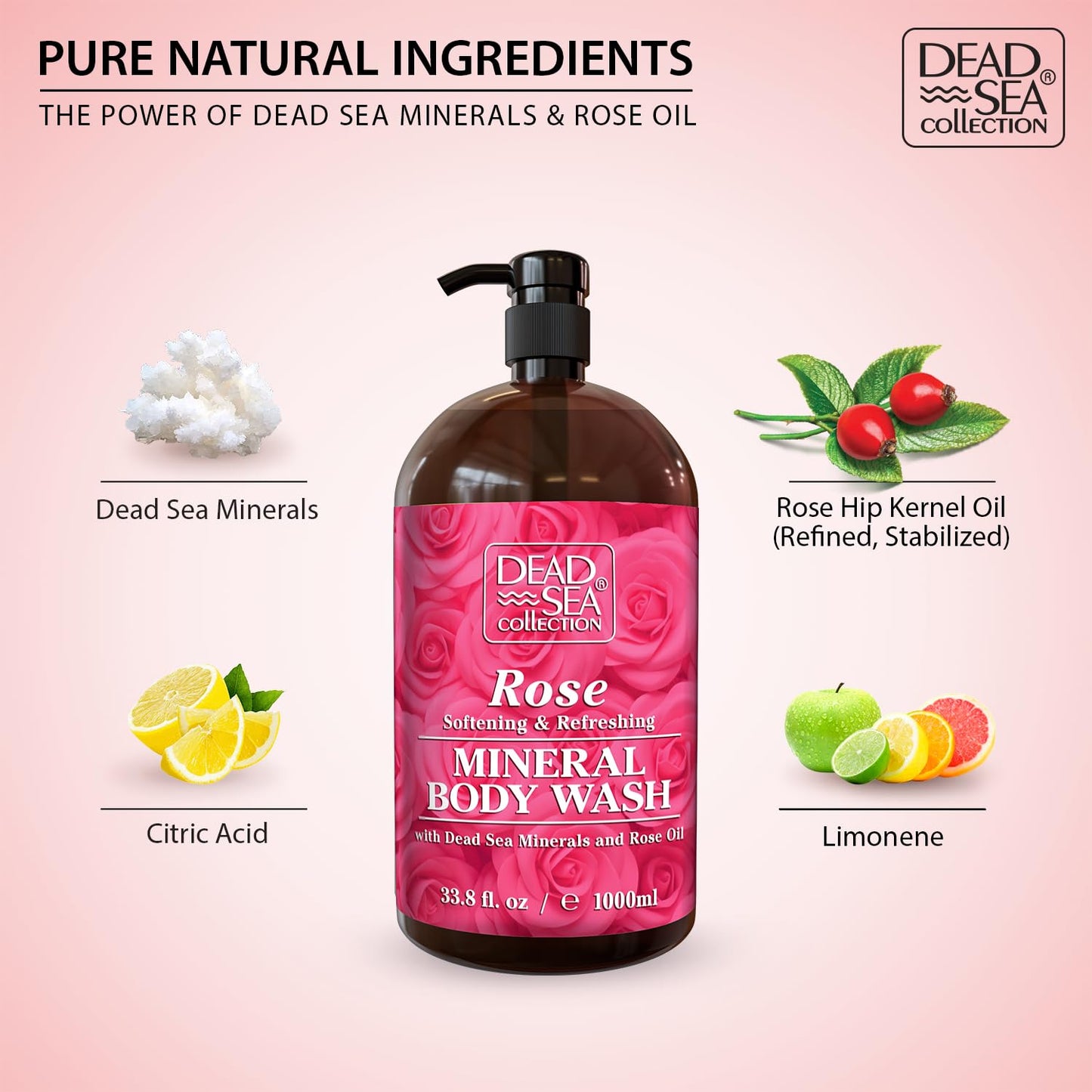 Dead Sea Collection Rose Body Wash for Women and Men - with Pure Dead Sea Minerals and Rose Extract - Cleanses and Moisturizes Skin - Pack of 2 (67.6 fl. oz)