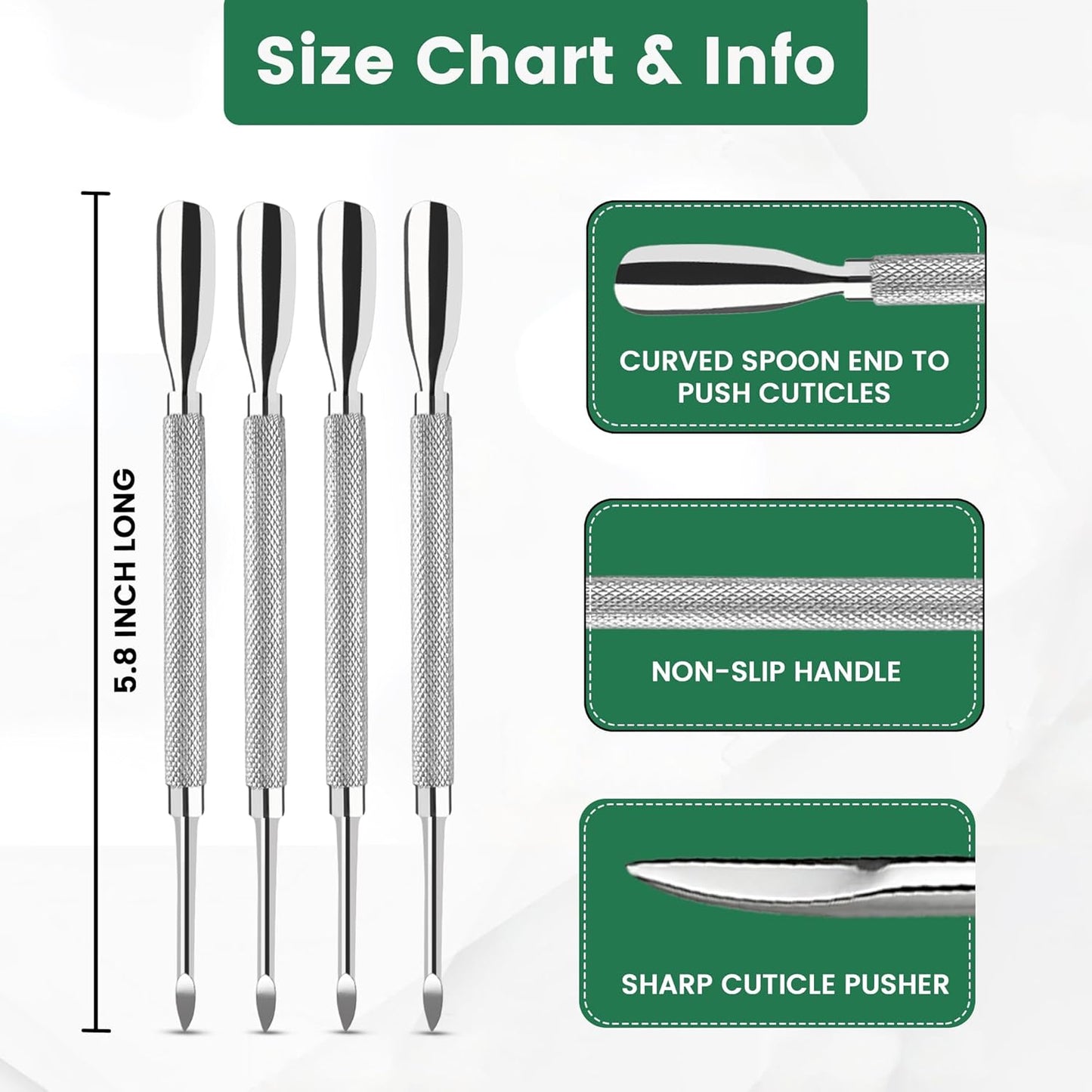 4PCS Cuticle Pusher Double Ended Sharp Edge Spoon Shaped Set, Salon Quality Stainless Steel Metal Manicure Pedicure Nail Polish Remover Cleaner Tools for Fingernails Toenails